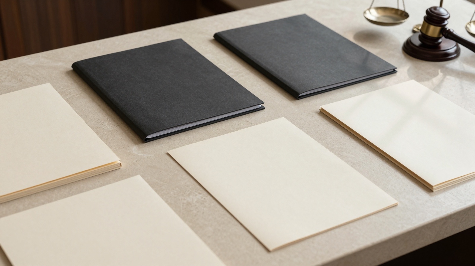 Legal papers and archival folders arranged on a warm stone desk